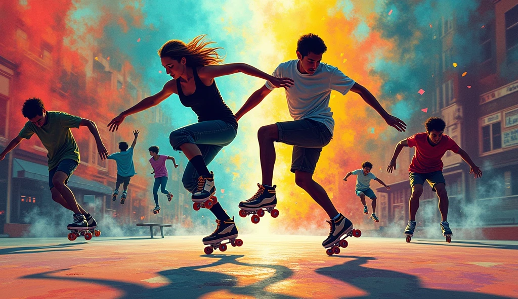 "Create a vibrant collage that combines elements of artistic roller skating and freeskate. Include dynamic poses of skaters performing graceful spins, jumps, and intricate footwork typical of artistic roller skating. Contrast these with the edgy, urban vibe of freeskate, showcasing skaters doing tricks, grinding rails, and executing high-speed maneuvers. Use a mix of bright colors and motion blurs to capture the energy and flow of both skating styles, blending them seamlessly into a cohesive and dynamic composition."