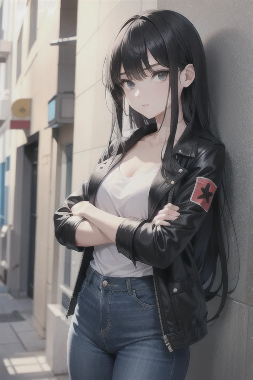 nova young woman in a denim pants and black jacket stands with crossed arms, 1girl, solo, long hair, long slit eyes, black eyes, pants, jacket, denim, black hair, jeans, small breast, skinny, Cool Beauty,