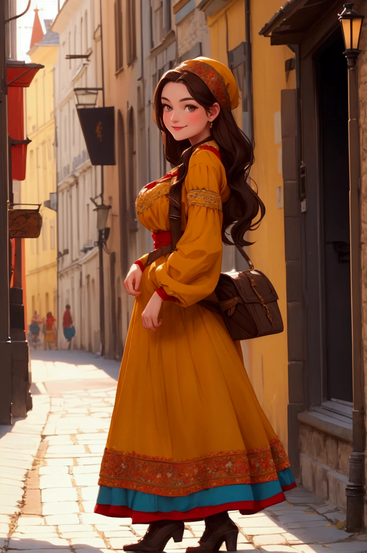 Young woman in Western Europe in gorgeous colored folk costume, full body seen from the side, smiling Caucasian, dark hair, brown eyes, staring into the camera, small light source, old European street, best image quality.