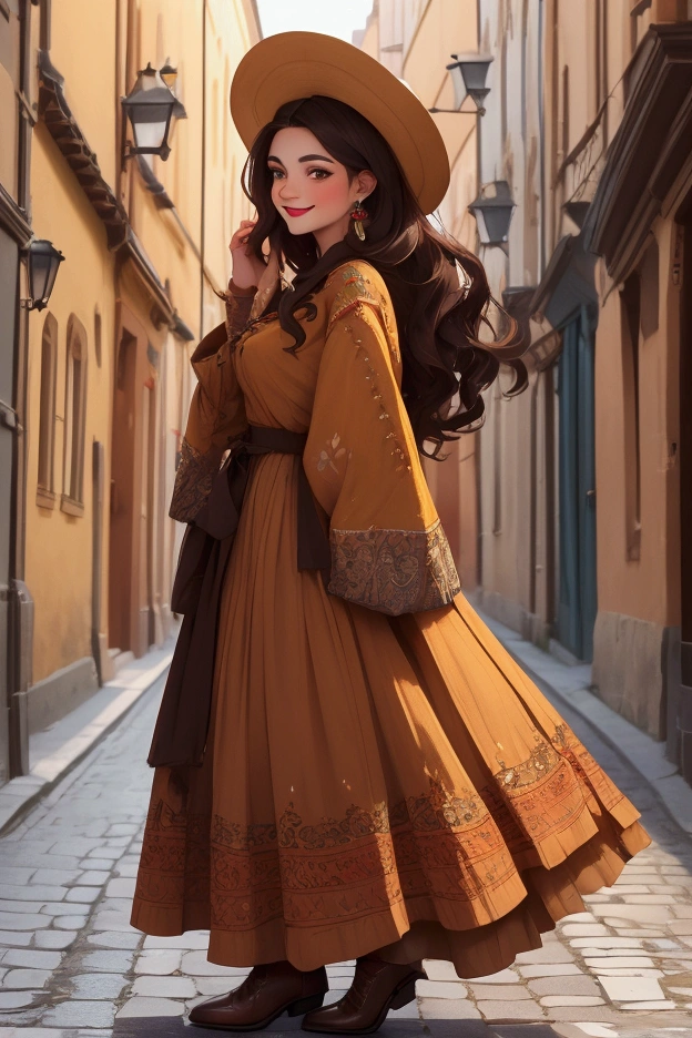 Young woman in Western Europe in gorgeous colored folk costume, full body seen from the side, smiling Caucasian, dark hair, brown eyes, staring into the camera, small light source, old European street, best image quality.