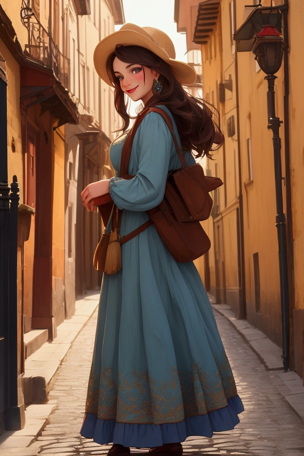 Young woman in Western Europe in gorgeous colored folk costume, full body seen from the side, smiling Caucasian, dark hair, brown eyes, staring into the camera, small light source, old European street, best image quality.