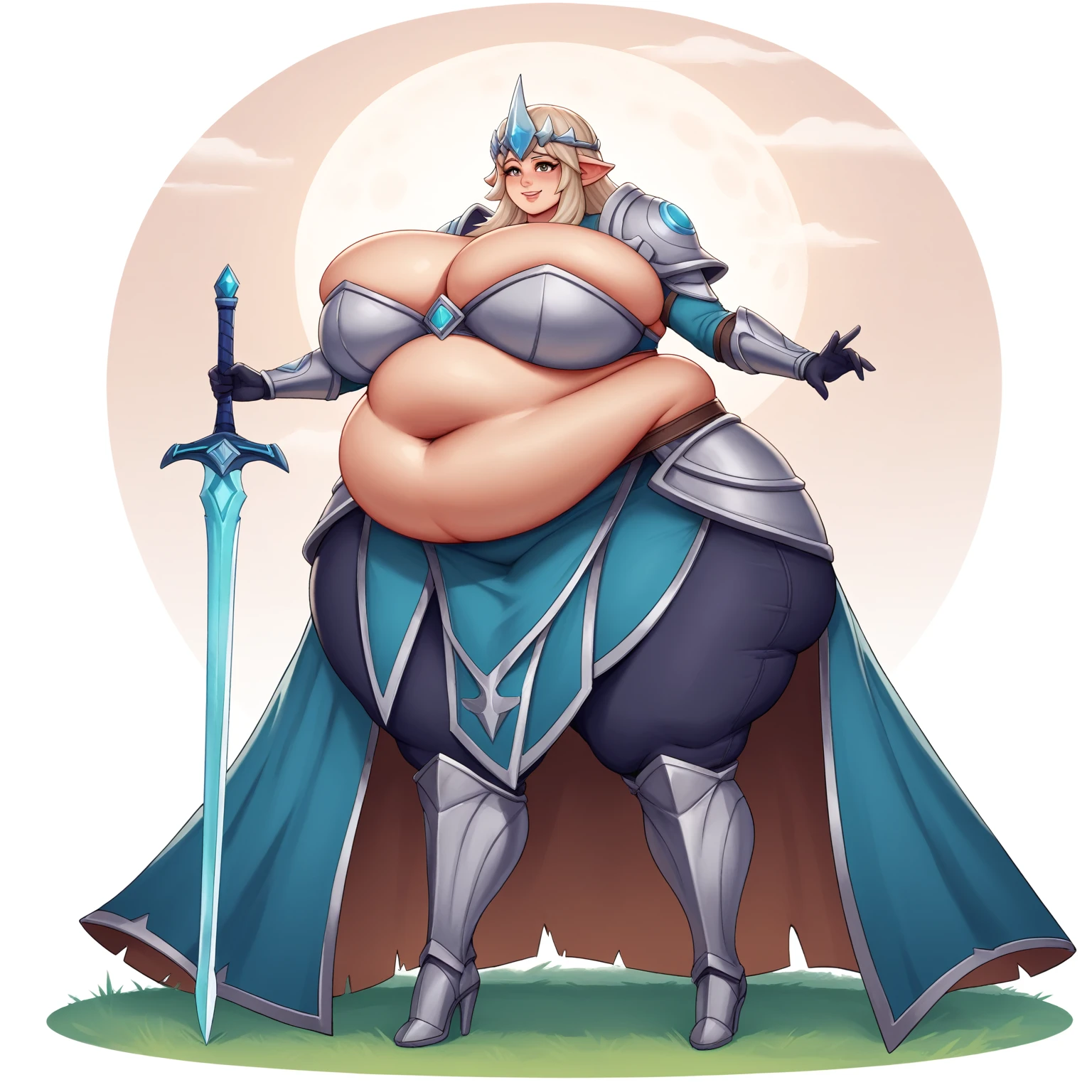 Masterpiece, best quality, elsa, (((extremely tall))), (((detailed face))), bottomheavy, ((gigantic belly)), ((chubby belly)), (((massive thighs))), ((slim calves)), sexy pose, full body shot