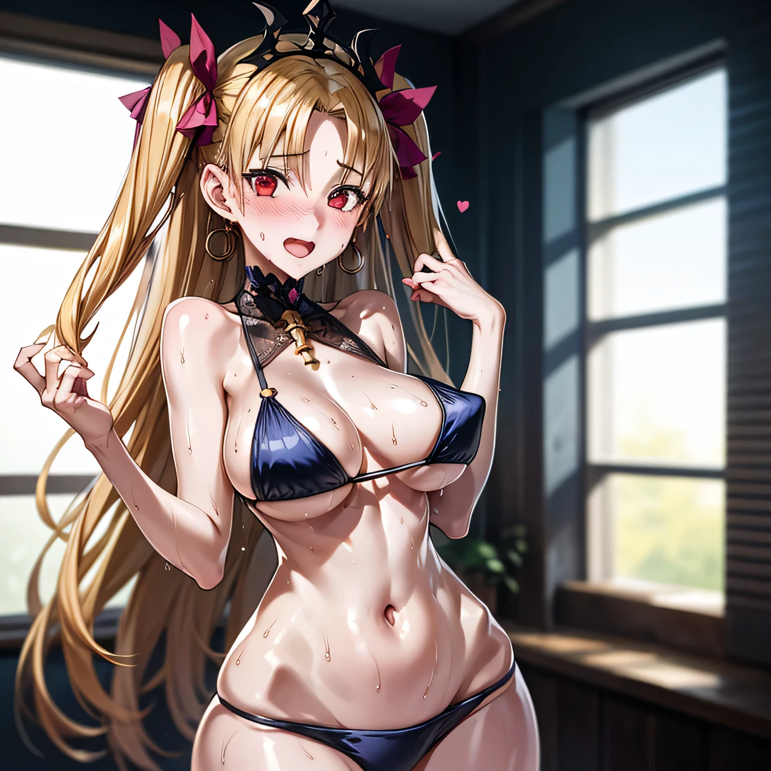 best quality,ultra-detailed,high resolution,extremely detailed CG,perfect anatomy,detailed,cinematic lighting,beautiful detailed eyes,ultra high res,(1girl:1.5),(1:1.4),gleaming skin,oil skin,skindantation,sweat,humid,clothed,(sweat:1.2),nose blush,cowboy shot,Glowing Skin,Beautiful Hair,looking at viewer,Smile,ereshkigal, ereshkigal \(fate\), long hair, blonde hair, very long hair, two side up, tiara, (red eyes:1.3), ribbon, hair ribbon, red ribbon, (parted bangs:1.5),(random swimsuit:1.1),large breasts,belly button,half open mouth