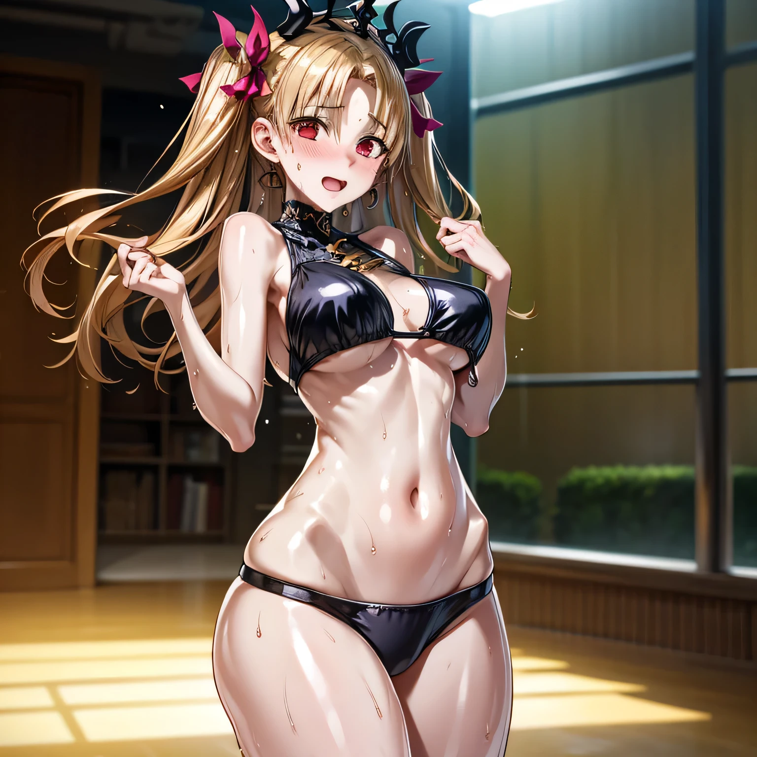 best quality,ultra-detailed,high resolution,extremely detailed CG,perfect anatomy,detailed,cinematic lighting,beautiful detailed eyes,ultra high res,(1girl:1.5),(1:1.4),gleaming skin,oil skin,skindantation,sweat,humid,clothed,(sweat:1.2),nose blush,cowboy shot,Glowing Skin,Beautiful Hair,looking at viewer,Smile,ereshkigal, ereshkigal \(fate\), long hair, blonde hair, very long hair, two side up, tiara, (red eyes:1.3), ribbon, hair ribbon, red ribbon, (parted bangs:1.5),(random swimsuit:1.1),large breasts,belly button,half open mouth
