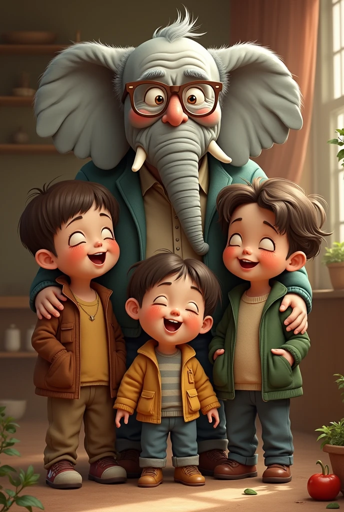 Grandpaa who is wearing specs along with 4 children (3 boys and 1 girl with an elephant face) 