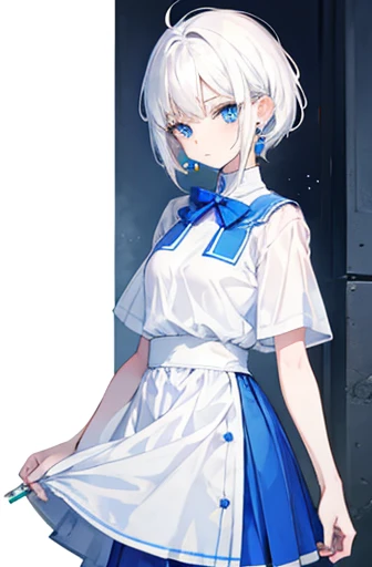 Anime, girl, teenage, short hair, white hair, plae blue eyes, cool, earrings, wearing a white dress and blue skirt, cigarette,