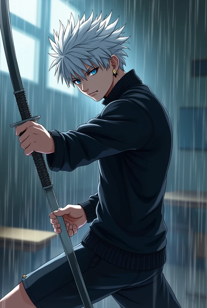 anime character sword, White hair, spiky hair, Pale skin, bright blue eyes, Long white eyelashes, male, muscular, black small earrings big glossy lips, classroom, rainy day, grey eyebrows, black sweater, black shorts