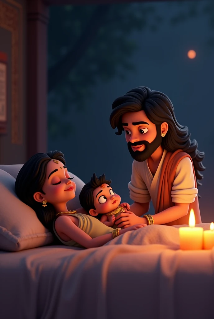 Create cinematic 3d cartoon style images "Nanda and Yashoda are sleeping peacefully as Vasudeva swaps Krishna with their newborn daughter, Yogmaya. The scene is gentle and serene, with soft lighting illuminating baby Krishna."