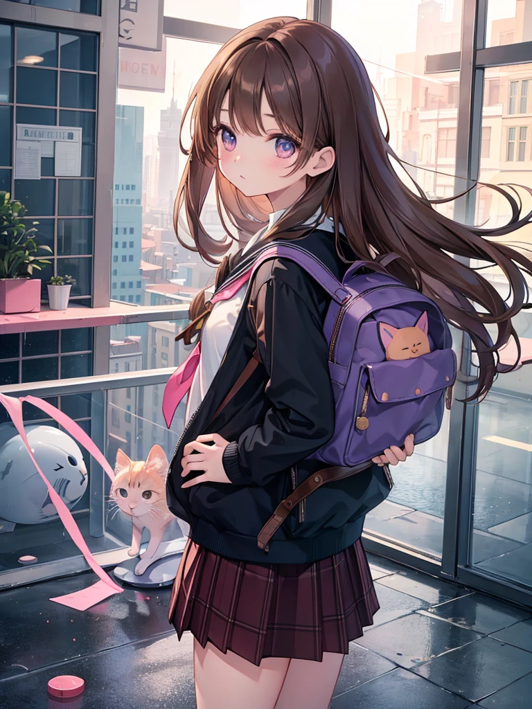 a beautiful young anime girl with long brown hair wearing a white long-sleeve sailor uniform skirt with a checkered pattern, holding a pink backpack with a cute cat peeking out, standing in an art museum with Brancusi-style marble sculptures and cracked glass walls, giving the impression of a dangerous rainy movie scene, highly detailed, photorealistic, 8k, masterpiece、high quality、masterpiece、Drama movie style、