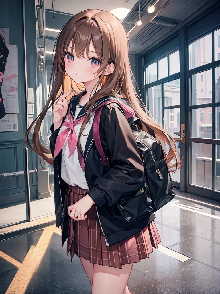 ((masterpiece, highest quality, High resolution, 超High resolution, Perfect Pixel, Depth of written boundary, 4K, RTTX 10.0, High resolution))), (One adult woman:1.3), Beautiful Anime Woman, Beautiful art style, Anime characters, ((Long Hair, bangs, Dark brown hair, Twin tails)), ((Beautiful eyelashes)), ((Detailed face, Blushing:1.2)), ((Smooth texture, Realistic texture, Anime CG Style)), Perfect body, Slender body, (Adult woman climbing the stairs:1.2), (Beige cardigan, White shirt, Checkered pleated skirt:1.2), Angle looking up from the bottom of the rear stairs, (Station stairs, Many commuters in the background), (Hold the skirt with your hands:1), ((Shiny, stylish and sexy white satin panties:0.98)), Beautiful thighs, Small Ass, Looking back with a shy expression, The whole body is visible