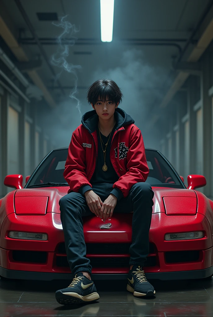 pict 4x4 ratio, a boy sitting on a car HONDA NSX R, with name NICHI on jacket, a boy smoking, realistic artstyle, realism artstyle, e - boy, e-boy, realistic art style, striking detailed artstyle, photorealistic artstyle, photorealistic!!!!!!! art style, [ 4 k digital art ]!!, dark but detailed digital art