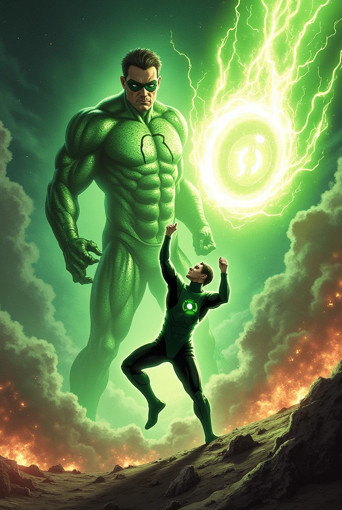 Arriving at the location, Emerson and Hal Jordan face the Cosmic Devastator, an entity of pure destruction and chaos. The battle is intense, with Emerson using his speed and cosmic energy abilities, while Hal Jordan uses the power of the ring to create powerful shapes and shields.