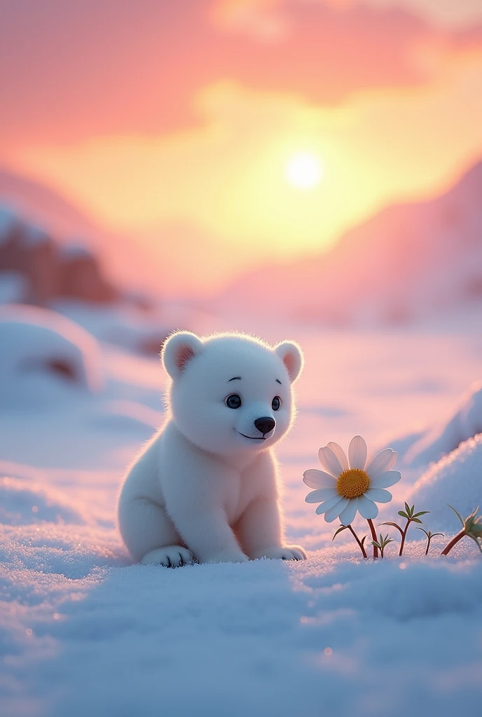 A little polar bear in the snow looking at a white flower that has fallen in the snow,Behind is the sunset