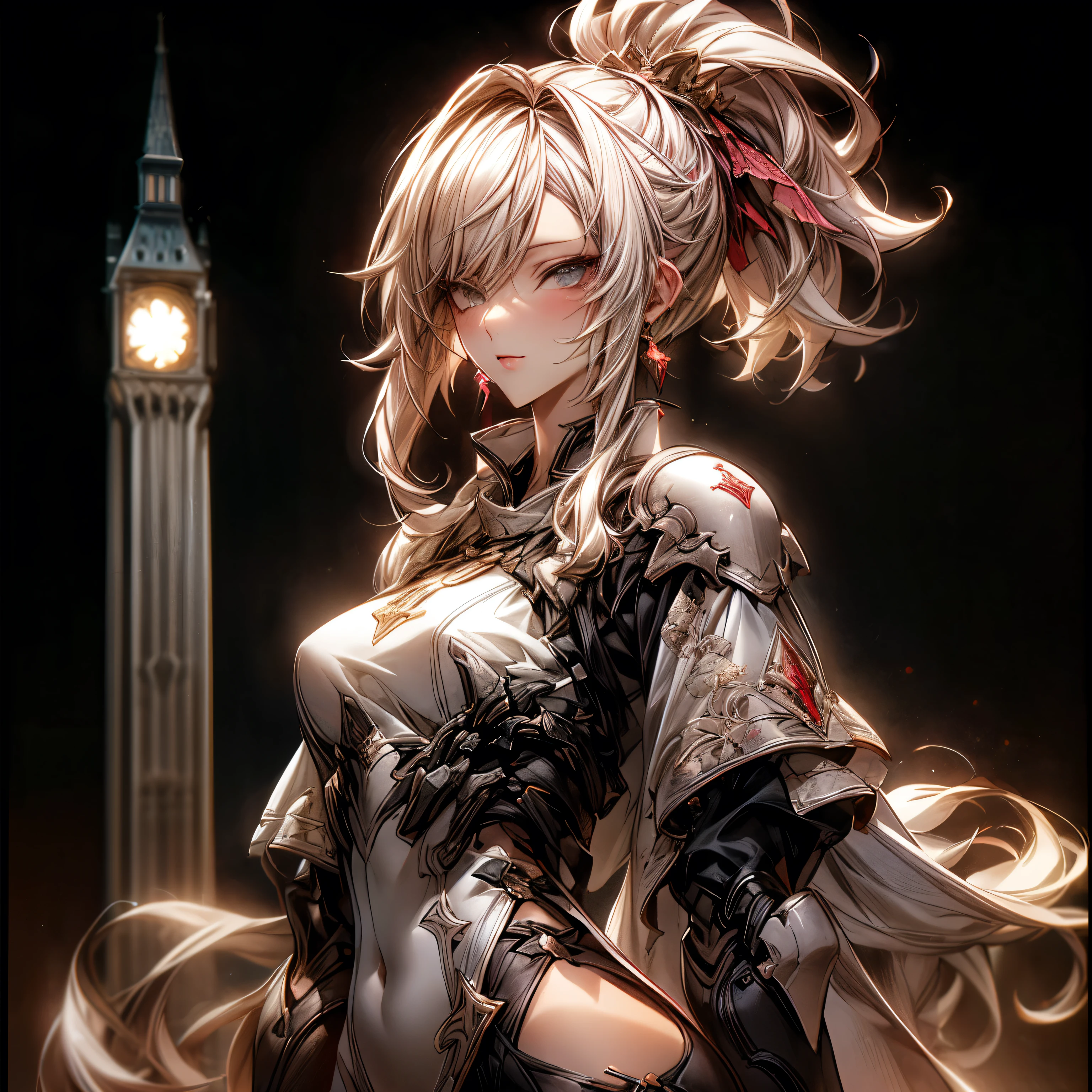 (best quality)), ((Masterpiece)), (details:1.4), 3d, HDR (high dynamic range), an image of a beautiful cyberpunk female, fantasy, Medieval, pink hair, High ponytail, Beautiful white eyes, จมูกโด่ง, ปากแดง, หน้าอกใหญ่, nvidia RTX, PBR surface, After processing, Anisotropic filtration,depth of field, Maximum clarity and clarity, multi-layered surface, Subsurface scattering, perfect proportions, 8K raw files, ultra detailed, Perfect proportions, volumetric lighting, soft lighting, Holy Paladin, Heavy Silver Armor, Red dress, glossy skin, intricate silver embroidery, Tower background, jewely, ต่างหู, นิ้วมือสมบูรณ์,