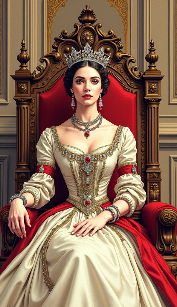 The young and beautiful Queen Victoria, Formal wear, crown, Sitting on the throne, Cel Shading, Bold outline, Flat Color, Sharp Shadow, Graphic Style, (Manga influence:1.3), Beautiful line drawing, Impressive visuals,comics