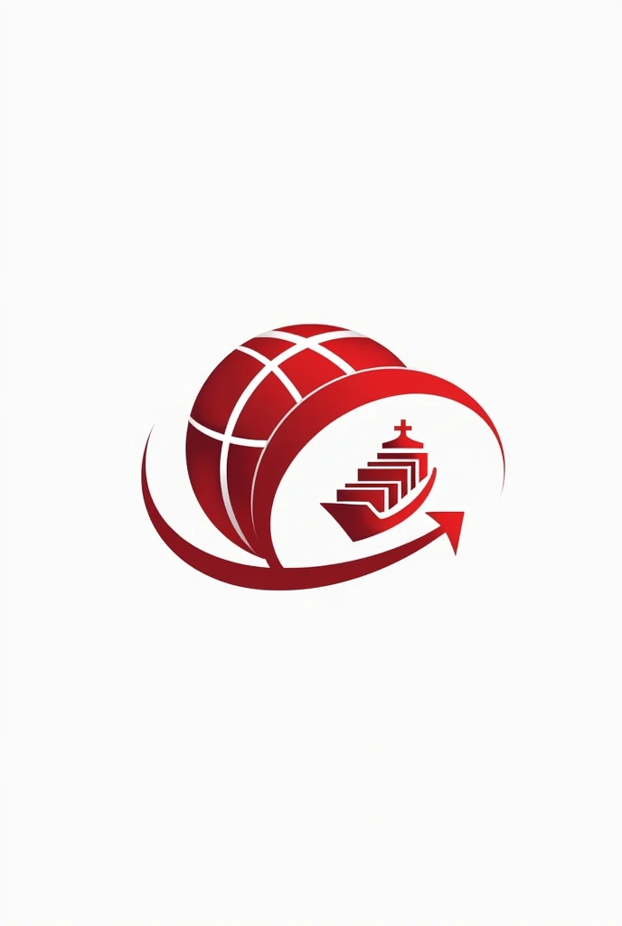 draw me an import export company logo with a container symbol, ship, arrow, Earth. Name: FMCGS GLOBAL, Main color: red white, professional creative style