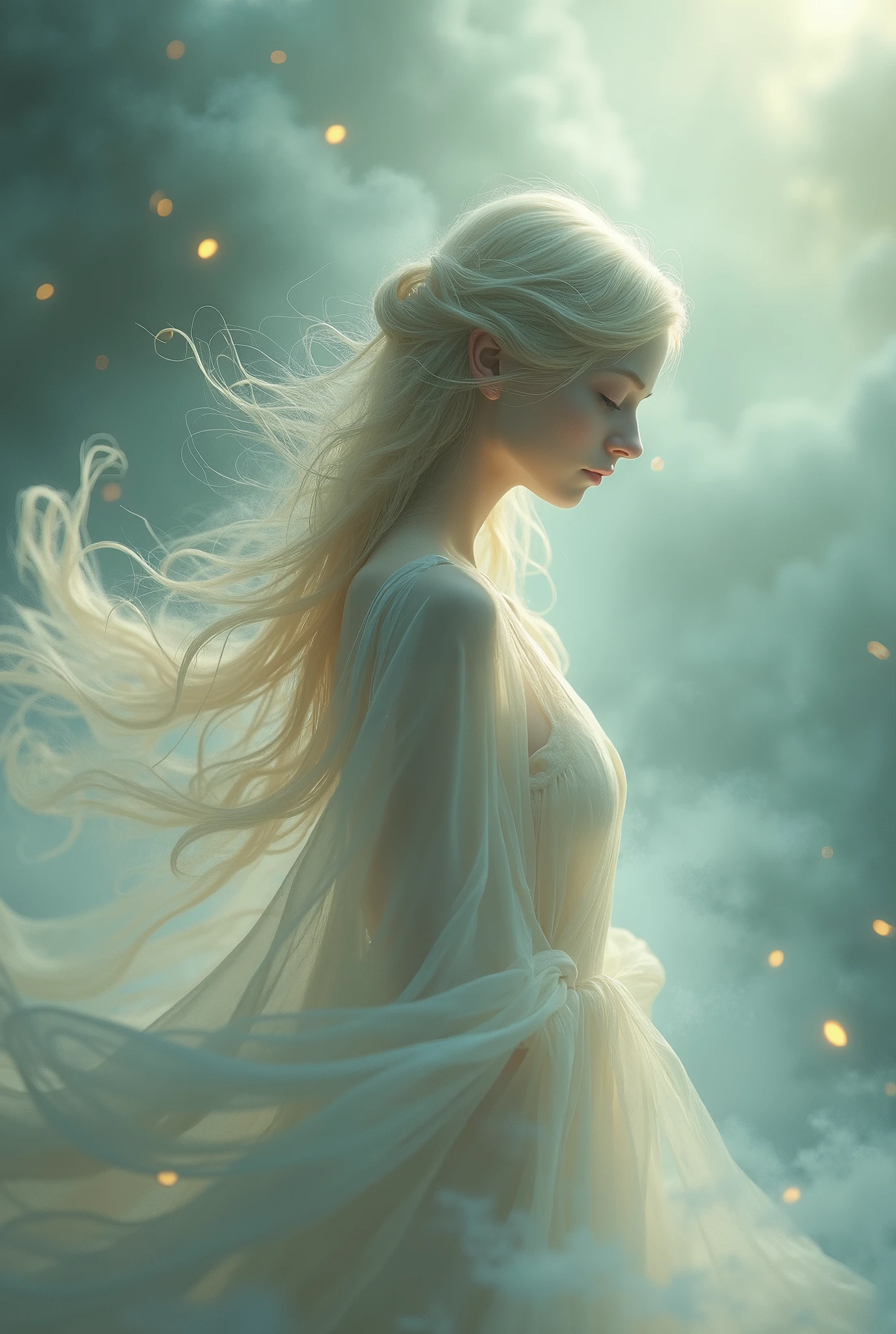 a girl spirit thinking about her beloved man's in her imagination
