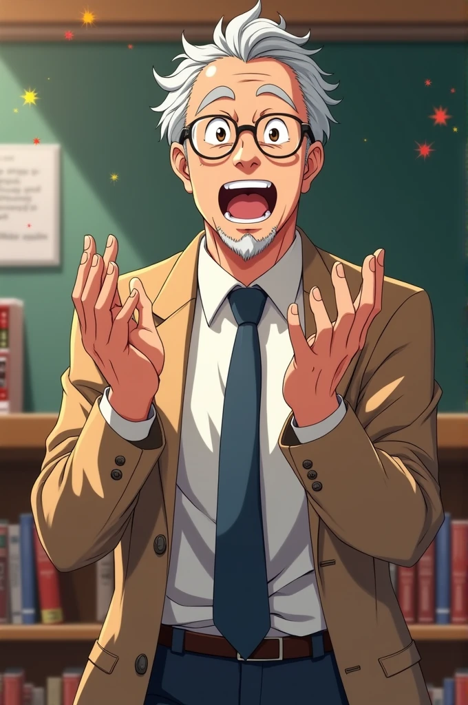 Make a male proffesor clapping and appreciating in anime style.