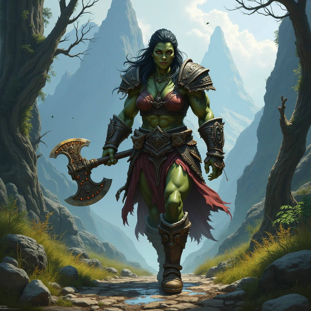 A half-orc female barbarian returning home with her treasure、Dungeons&Dragons