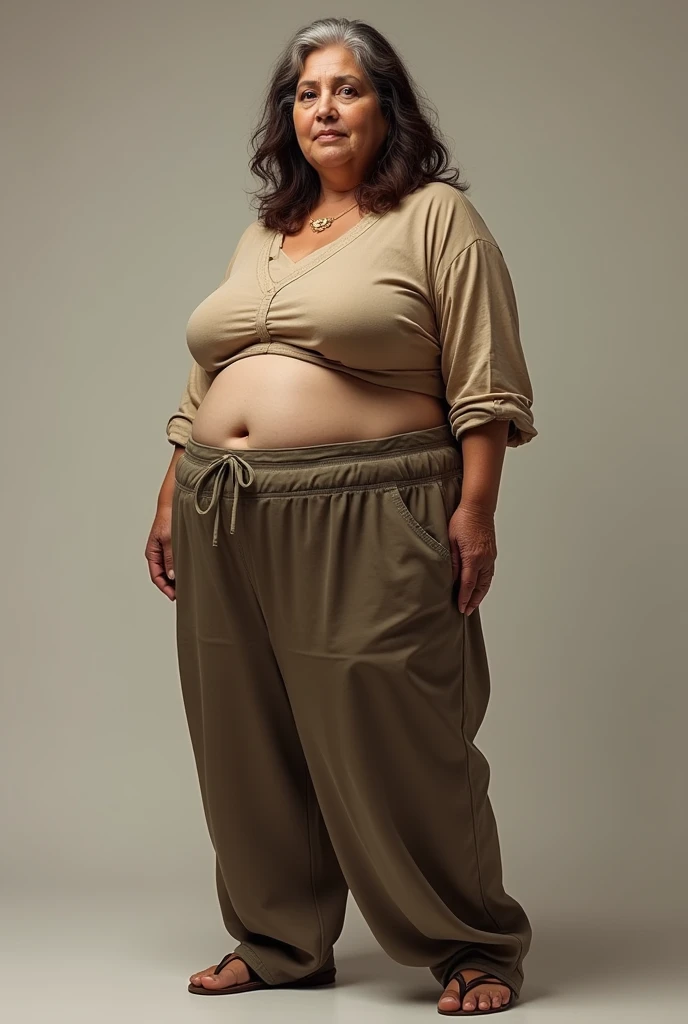 (photorealism:1.2), arab woman,big hips,big ass,slim waist,lush,Older,posing,baggy trousers,round ass, Brown hair
