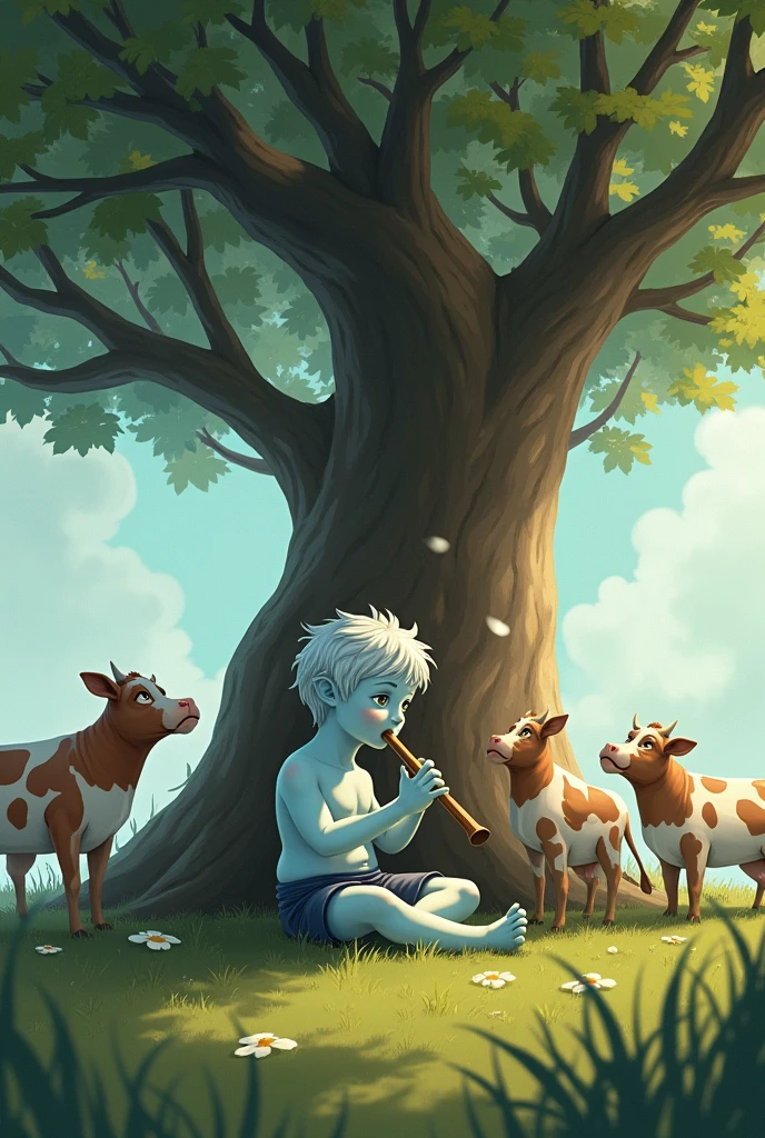 A young boy with light blue skin colour sitting under a tree and whistling the flute with cows around