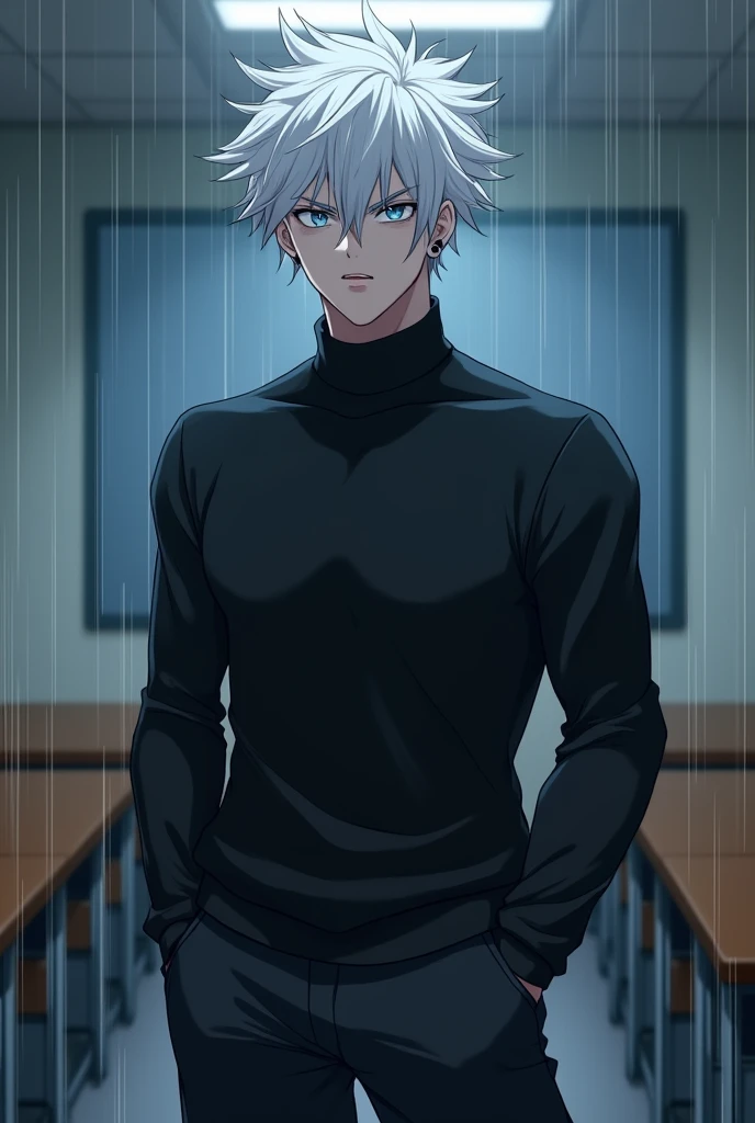 anime character, White hair, spiky hair, Pale skin, bright blue eyes, Long white eyelashes, male, muscular, black small earrings big glossy lips, classroom, rainy day, grey eyebrows, black sweater, black shorts