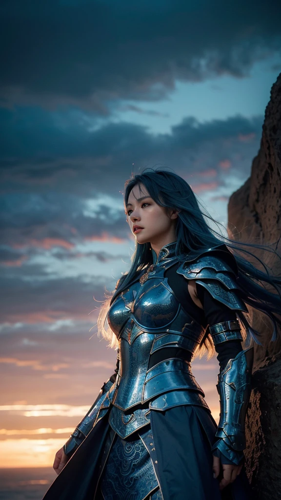 “A highly detailed, high-quality image featuring a female warrior with long, flowing blue hair, wearing intricately designed blue armor. She is depicted as merging seamlessly with a majestic blue dragon, creating a powerful yet feminine presence. The dragon’s scales are meticulously textured, blending with the warrior’s armor in a way that emphasizes their unity. The scene is set on a dramatic cliffside, with the warrior and dragon overlooking the vast ocean. Above them, the sky is filled with towering, highly detailed cumulonimbus clouds, adding to the epic and dynamic atmosphere of the scene. The entire image is rendered in ultra-high resolution, capturing every detail in vivid clarity, from the textures of the armor and scales to the dramatic lighting and shadows.”