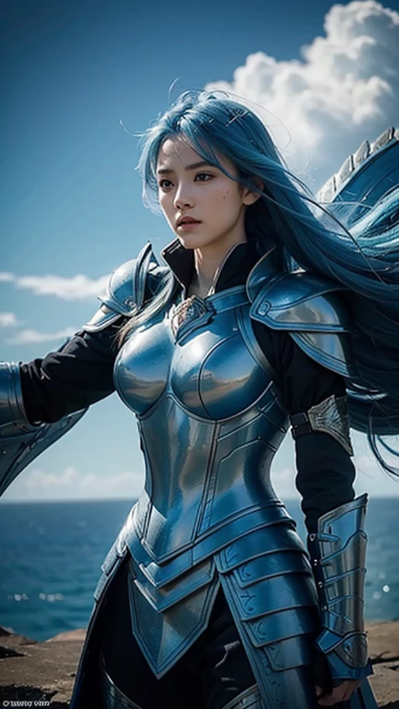 “A highly detailed, high-quality image featuring a female warrior with long, flowing blue hair, wearing intricately designed blue armor. She is depicted as merging seamlessly with a majestic blue dragon, creating a powerful yet feminine presence. The dragon’s scales are meticulously textured, blending with the warrior’s armor in a way that emphasizes their unity. The scene is set on a dramatic cliffside, with the warrior and dragon overlooking the vast ocean. Above them, the sky is filled with towering, highly detailed cumulonimbus clouds, adding to the epic and dynamic atmosphere of the scene. The entire image is rendered in ultra-high resolution, capturing every detail in vivid clarity, from the textures of the armor and scales to the dramatic lighting and shadows.”