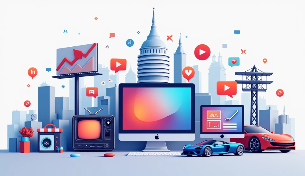 a banner showcasing different types of media like television, radio, billboards, advertisement on Cars, desktop Monitors, online shops etc