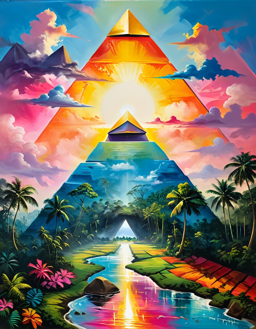 Masterpiece, Best composition, Dynamic composition, Colorful landscape painting, Pyramid with sunrise, Pyramid present in jungle, Sunrise right above pyramid, Psychedelic landscape, Vivid oil painting, Vivid abstract landscape, Color field painting. 8K, stunning colorful landscape, detailed impasto, colorful oil painting, colorful sky, large colorful image.