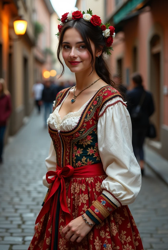 Young woman in Western Europe in gorgeous colored folk costume, full body seen from the side, smiling Caucasian, dark hair, brown eyes, staring into the camera, small light source, old European street, best image quality.