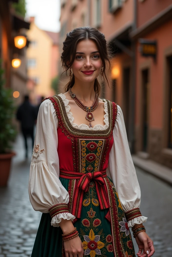 Young woman in Western Europe in gorgeous colored folk costume, full body seen from the side, smiling Caucasian, dark hair, brown eyes, staring into the camera, small light source, old European street, best image quality.