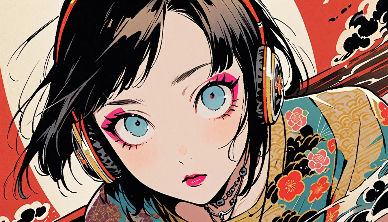 (((Ink Painting))), (((from above))), (((1 female))), (((Japanese pattern T-shirt))), (((punk))), (((Very flashy makeup))), Necklace with studs, Japanese style headphones, face close-up, front view, Japan人の美少女, Black Hair, Delicate and precise, Modern ukiyo-e style,Japan, Droopy eyes, round face, Glare, Glare, vivid color