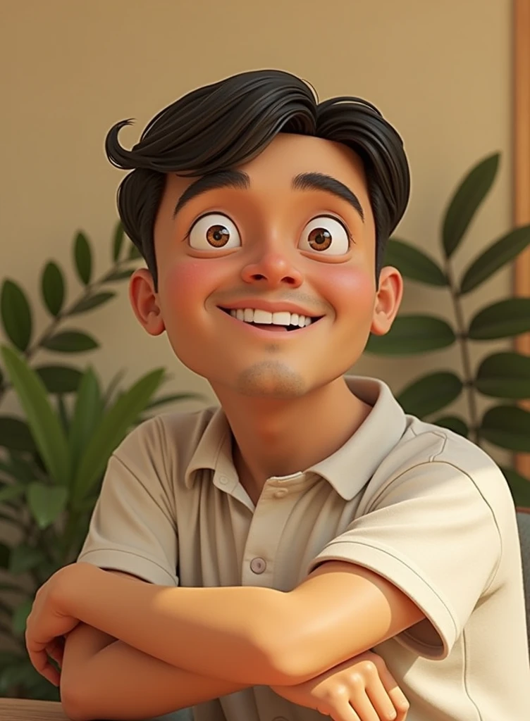 a man in a blue shirt, an animated character, stylized character, animation style rendering, 3d stylized, Arnold Maya rendering, Stylized 3D rendering, toon render screenshot, 3d character, 3d character, Stylized 3D rendering, 3D character rendering, cartoon character, Personagem de close up, character posing, (Pixar-style) (master part:1.2) (bokeh) (best qualityer) (skin detailed) (detailed texture) (8k) (Argilla) (cinematic lighting) (sharp focus,Sit down and lift your upper body