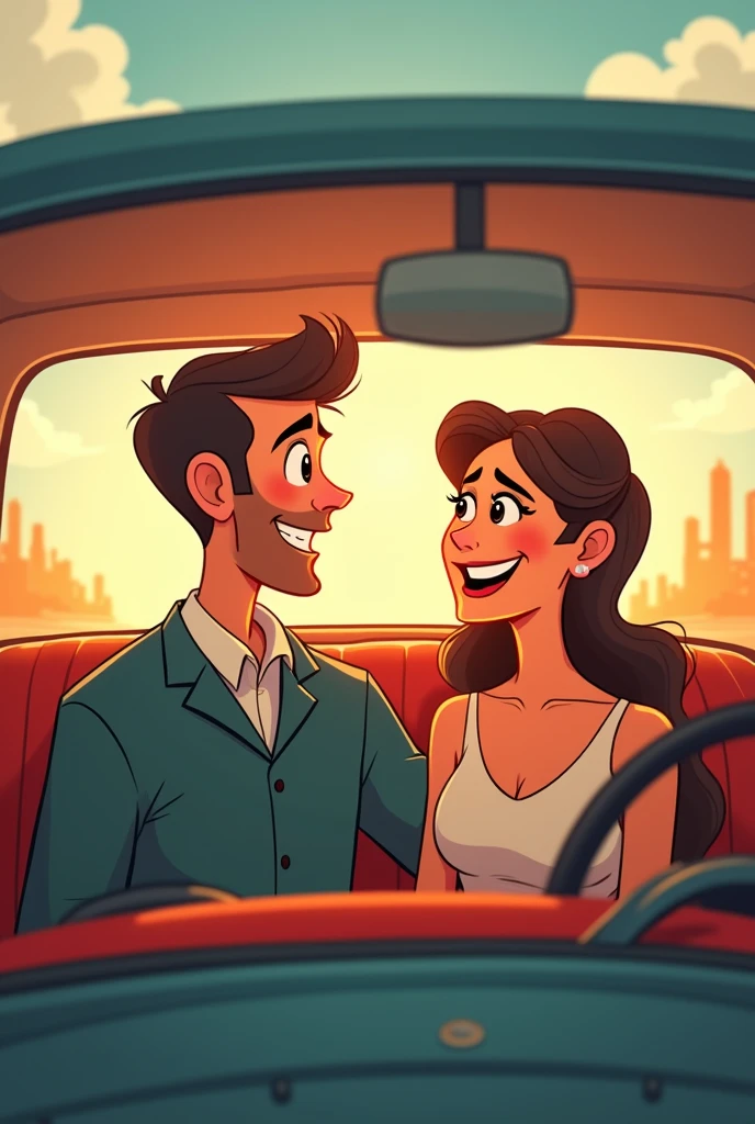 A married couple inside a car cartoon 
