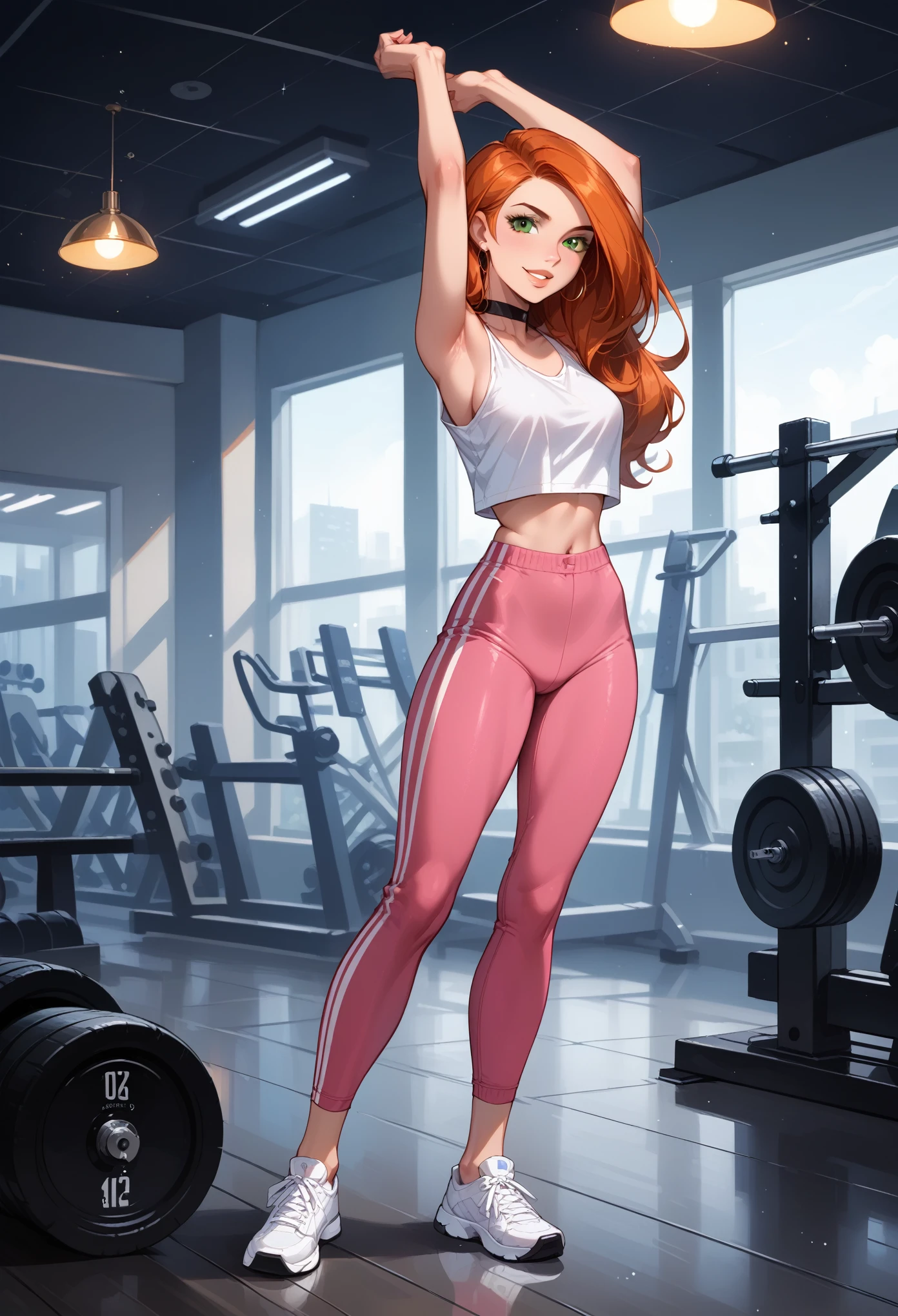 score_9, score_8_up, score_7_up, score_6_up, rating_safe, source_cartoon, BREAK beautiful Kim Possible (orange-red hair:1.1), sexy smirk, BREAK sexy pink tracksuit, sneakers, choker, BREAK in the gym, stretching, exercising, shallow depth of field, BREAK highly detailed, bokeh, moody, epic, gorgeous, grainy, BREAK (ultra-detailed), (best illustration), (best shadow), (absurdres), (detailed background), (very aesthetic).