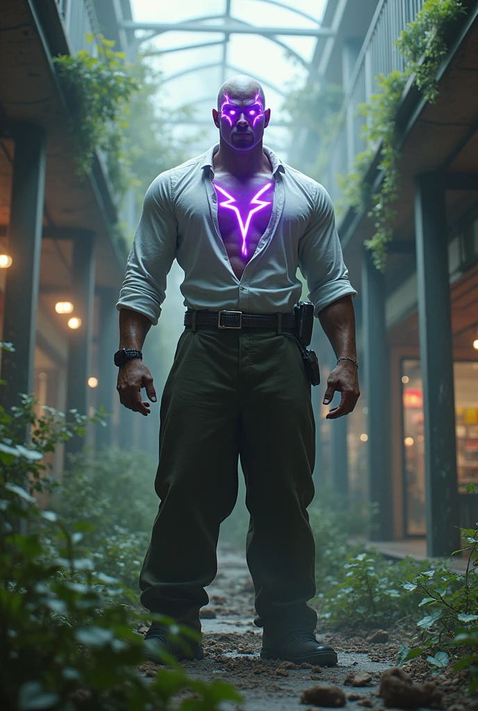 A muscular man, standing straight, in an abandoned mall covered in overgrowth, wearing military fatigues, purple eyes, purple glowing lighting bolt shaped scars coming from his eyes, glowing irises, wearing a military shirt, white man