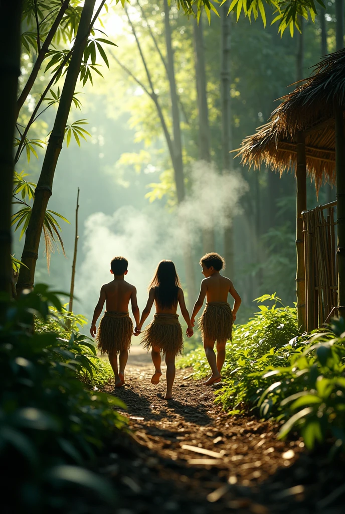 Photorealism 1.3 realistic realism high detailed high definition clear natives kids play around hide and seek in the jungle covered wearing tree skin as a shirt with leaf dramatic cinematography cinematic view morning mode sunlight silhouette smoke effect bamboo hut leaf roof campfire smoke only