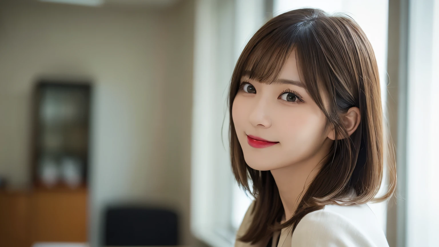 (Full Body Shot), (profile), 1girl, Very detailed, Are you okay, High resolution, 8k wallpaper, Perfect dynamic composition, Small breasts, Natural color lips, Elegant smile, Japanese women, Female in her early 20s, Beautiful and elegant face, Perfect and beautiful face, beautiful and Are you okay eyes, Big eyes, Brunette's eyes, Beautiful and elegant face, Perfect and beautiful double eyelids, Natural Bangs, Beautiful thin nose, Beautiful Skin, chestnut brown hair, Medium Bob Hair, Natural Bangs, Perfect and beautiful face, Slim face and figure, (looking at the camera), Bright lighting, Professional Lighting, Forward lighting, Elegant smile, Blurry office background, suit, skirt, blouse, Heel