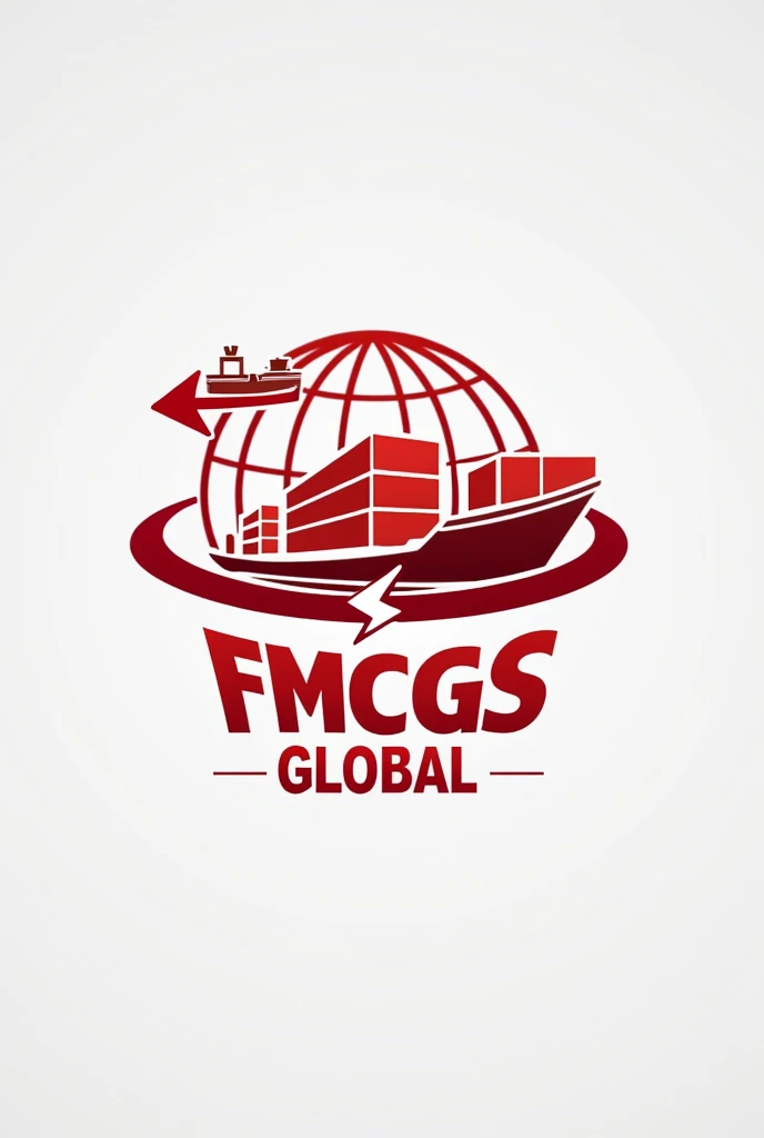 draw me an import export company logo with a container symbol, ship, arrow, Earth. Name: FMCGS GLOBAL, Main color: red white, professional creative style
