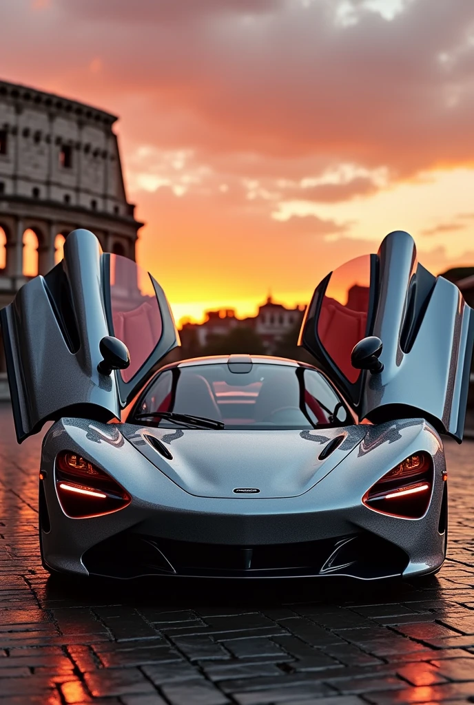 Hello, can you help me create the most spectacular McLaren F1, pearl grey, shiny, pearlescent finish, with the doors open revealing the very fine light coral upholstery, in the background the Roman Coliseum at sunset, thanks