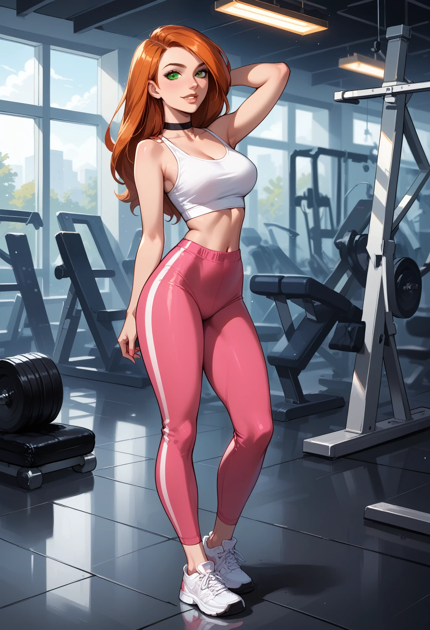 score_9, score_8_up, score_7_up, score_6_up, rating_safe, source_cartoon, BREAK beautiful Kim Possible (orange-red hair:1.1), sexy smirk, BREAK sexy pink tracksuit, sneakers, choker, BREAK in the gym, stretching, exercising, shallow depth of field, BREAK highly detailed, bokeh, moody, epic, gorgeous, grainy, BREAK (ultra-detailed), (best illustration), (best shadow), (absurdres), (detailed background), (very aesthetic).