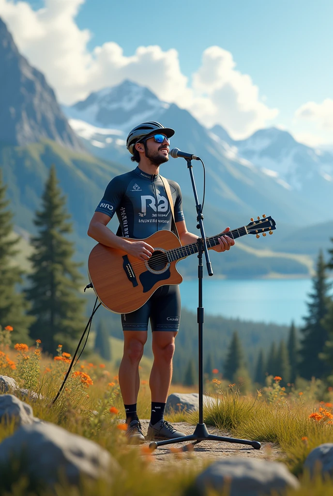 Generate images of sports rider playing musical instrument or singing on sceneries background 