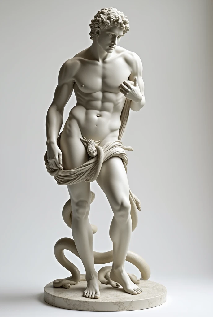 Generate a sculpture of Apollo naked he has small penis, bend over a little bit ,legs stretched out and have snakes slithering around his body and he turn a little side on the white background.