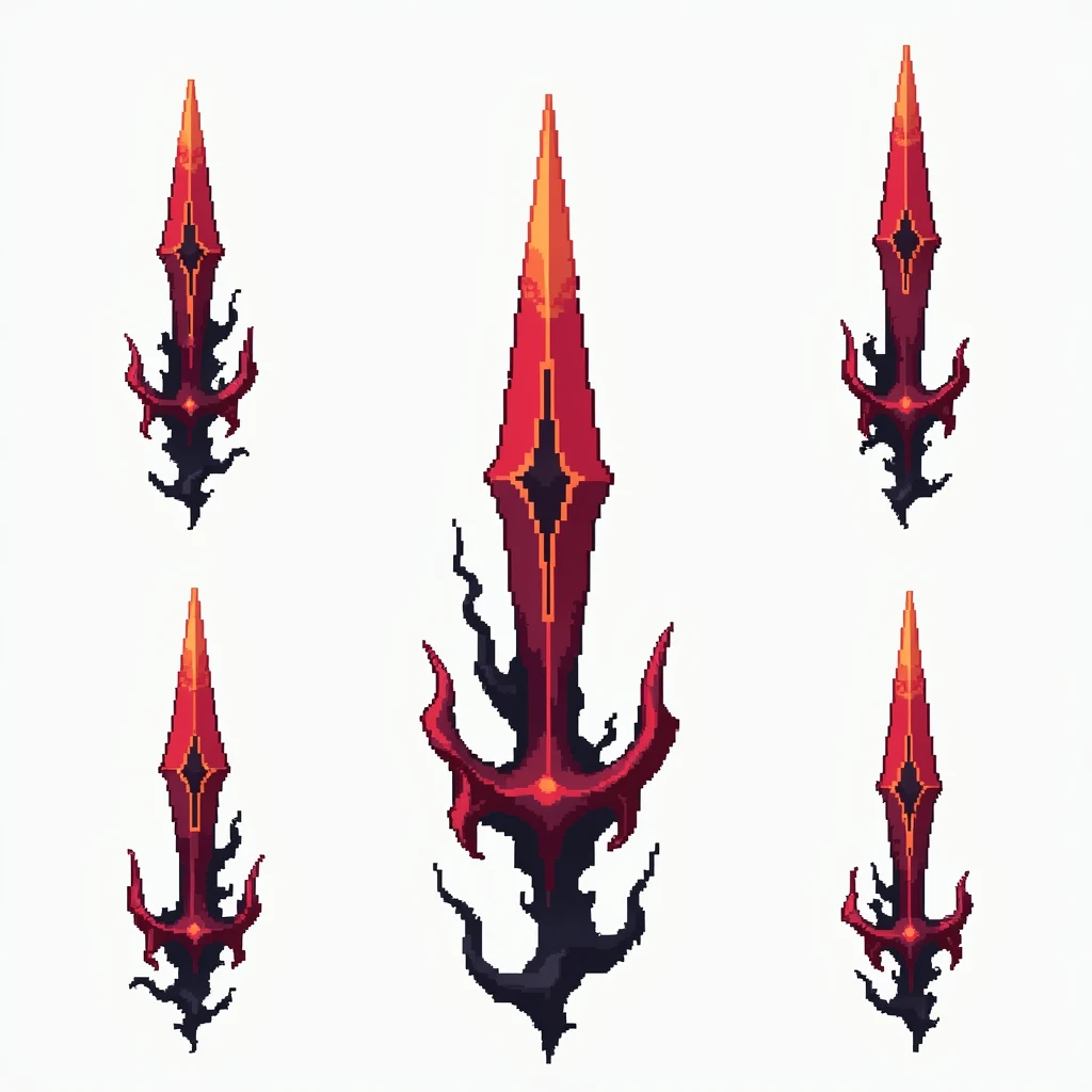 A sword projectile in the style of a pixel drawing, made of solid blood-colored crystal with vessels of black void