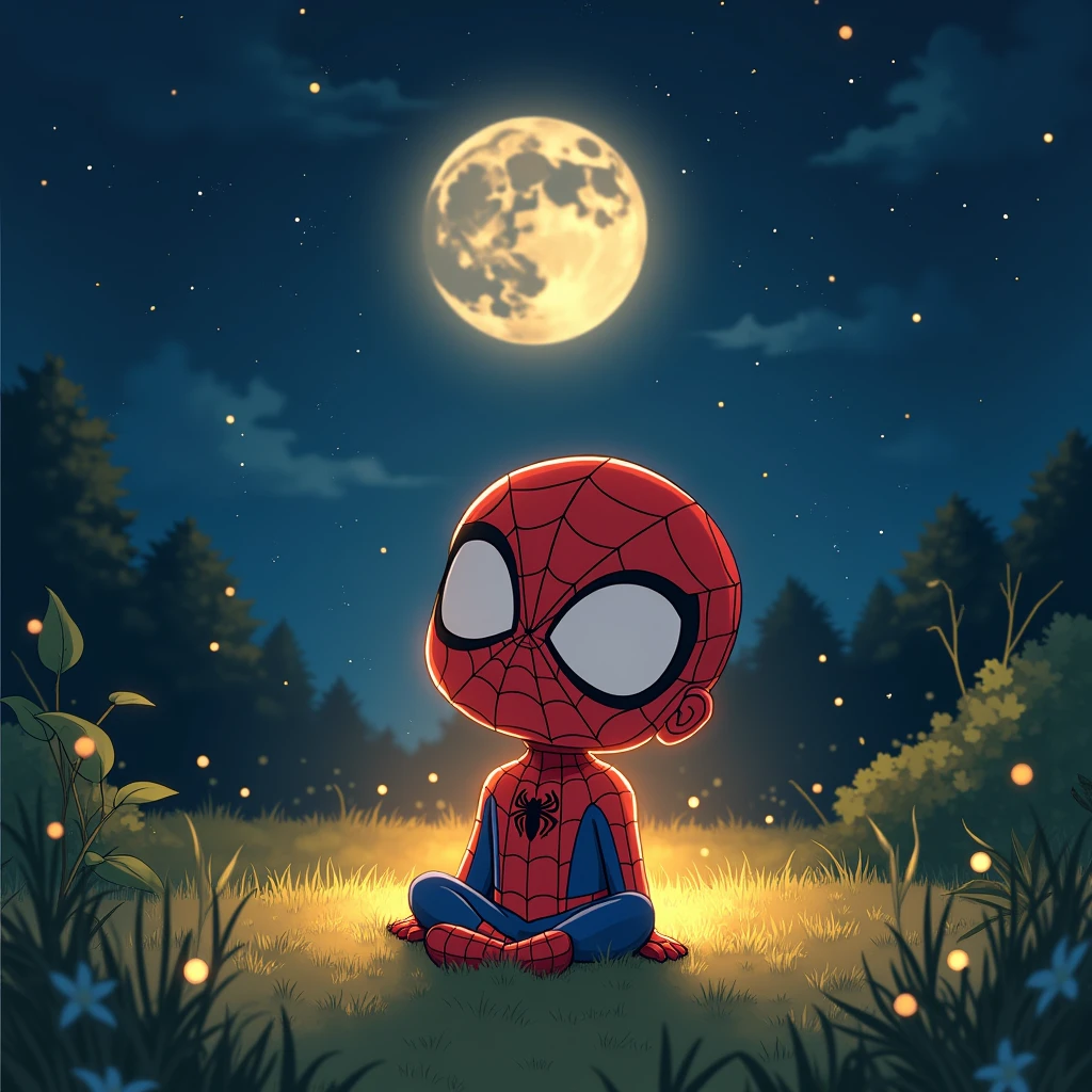 (drawing) (anime) (Spiderman) (cute) (chibi) sitting on a lawn, at night, Looking at the sky, crossed legs, that has a yellow glow like a Saiyan around it. (Let it not look so artificial intelligence) (Que parezca un drawing de humano digital)