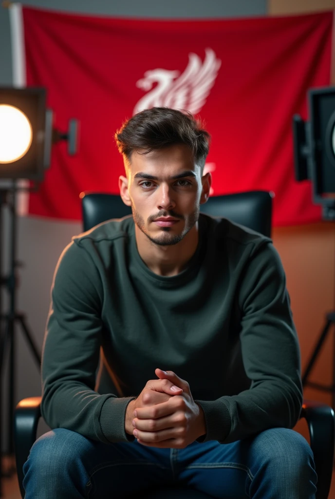 A young boy with beard, glasses, sitting on a chair looking straight into camera with cinematic YouTube studio with Liverpool football flag