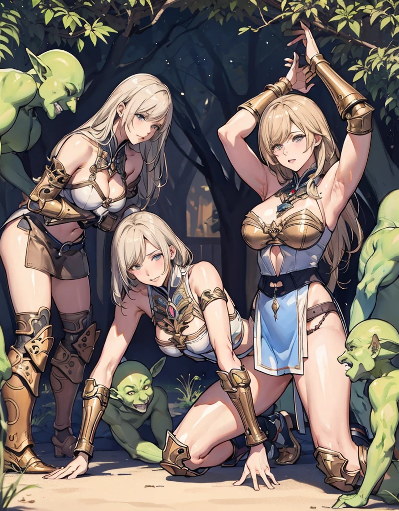 {Browsing Caution}, (1 Mature, Muscular female paladin,Age 25,Place your arms behind your head,Gorgeous Paladin Armor,Arm guard,Leg guards),(A female paladin surrounded by three male goblins),(A violent goblin in heat),Outdoor,(weak々Kneeling deeply,Surrender),(anger,Are crying:1.2),(Gorgeous Necklace,jewelry, bracelet)