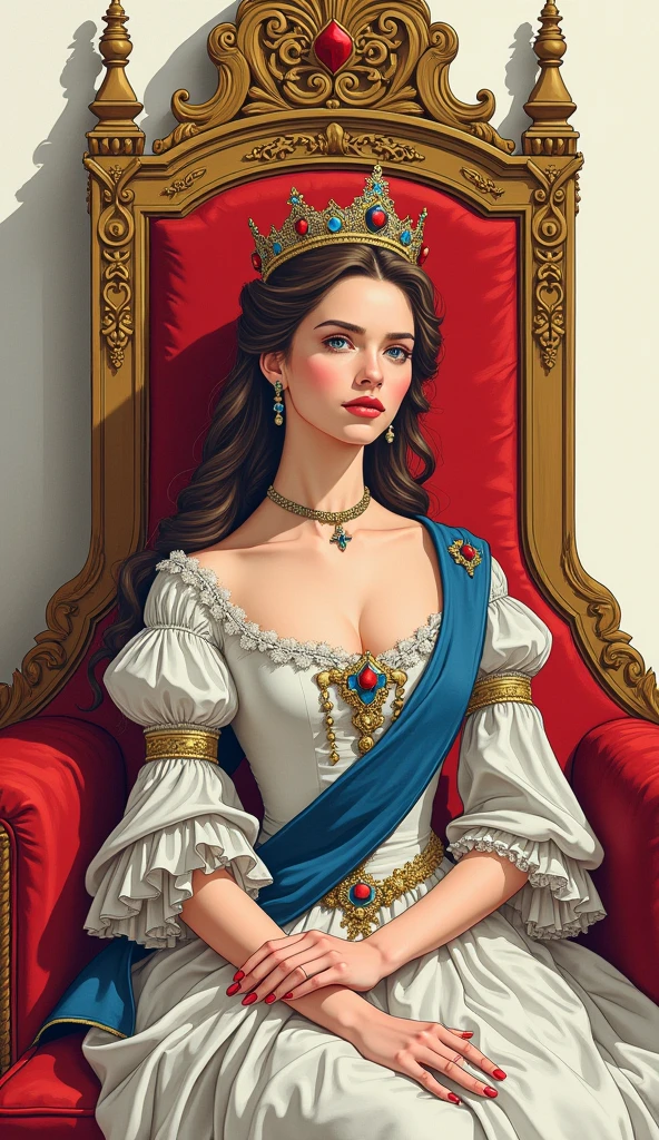 The young and beautiful Empress Josephine of France, Formal wear, crown, Sitting on the throne, Cel Shading, Bold outline, Flat Color, Sharp Shadow, Graphic Style, (Manga influence:1.3), Beautiful line drawing, Impressive visuals,comics