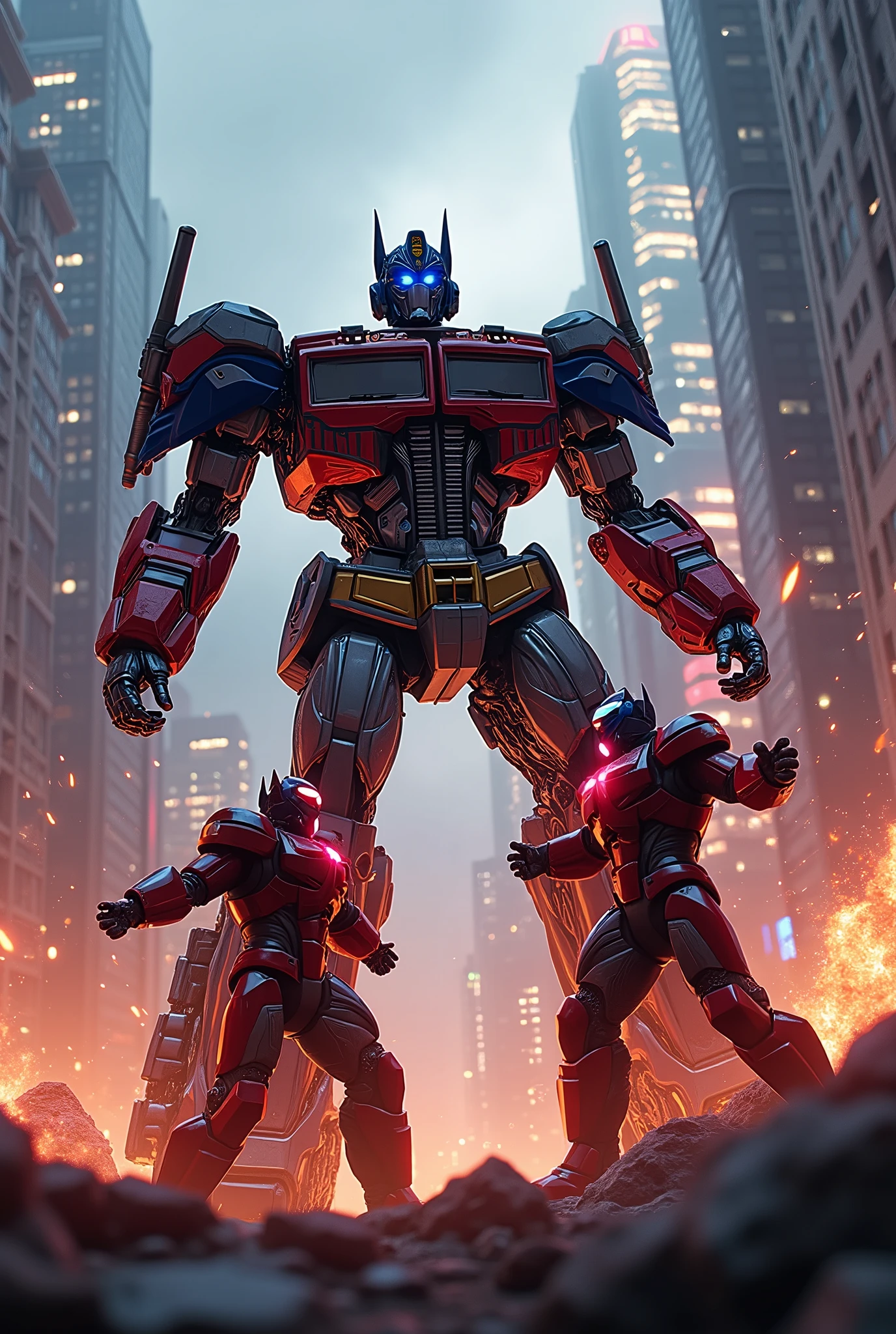 Optimus Prime, Kamen Rider Kuuga, Kamen Rider Agito, superheroes, epic battle, highly detailed, cinematic, dramatic lighting, hyper-realistic, dynamic poses, intense action, powerful energy effects, neon colors, metallic textures, reflective surfaces, cinematic angles, volumetric lighting, dramatic shadows, ultra-detailed, 8k, photorealistic, studio lighting, physically-based rendering, professional digital art